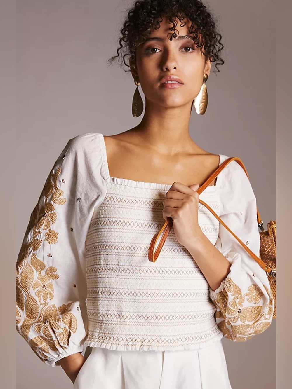 Anthropologie Embroidered Smocked Puff Sleeve Blouse M Petite Boho Romantic